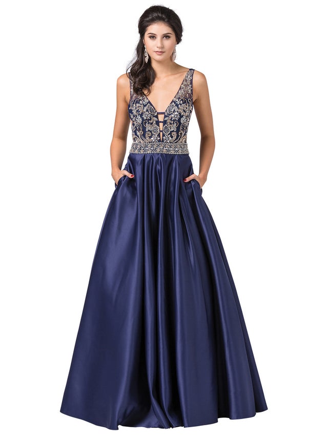 simple blue prom dresses Simple Blue V Neck Satin Long Prom Dress Formal Dress With Pockets US16 / Royal Blue